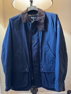 Polo by Ralph Lauren Navy Field Oilcloth Barn Coat with Brown Corduroy Collar